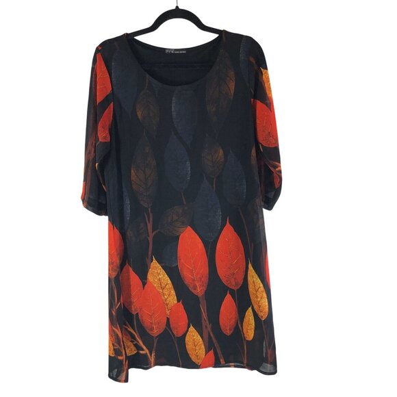 Zara Dresses & Skirts - Zara Shift Dress 3/4 Sleeve Scoop Neck Fall Leaf Print Black Orange L